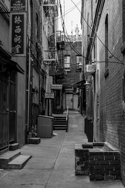A narrow urban alleyway flanked by brick buildings with various signs, including one for a family development society, and a network of overhead wires. The ground is paved with concrete, featuring sma